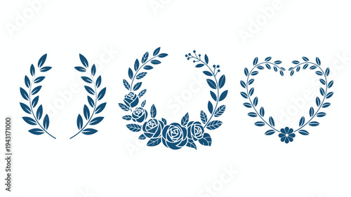 This image showcases four distinct floral wreath designs in a dark blue hue featuring rose and leaf arrangements high quality professional detailed modern elegant stylish clean