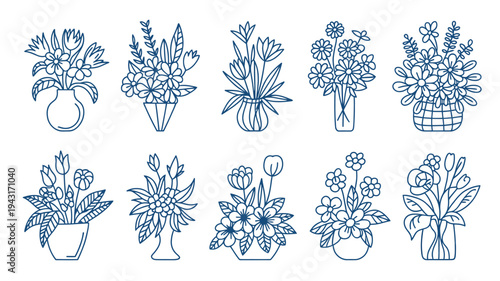 This image showcases a collection of delicately drawn floral arrangements in vases presented in a minimalist blue line art style high quality professional detailed modern elegant