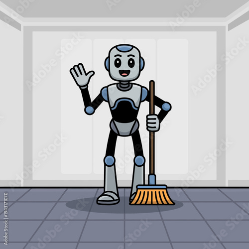 A friendly robot holding a broom in a clean room
