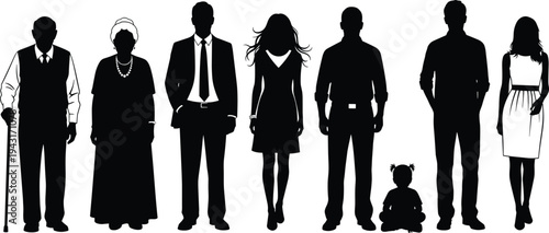 Multi generation family silhouettes showing grandparents parents adults child and baby together representing family lineage stages and society diversity concept