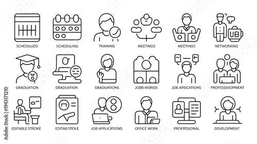 A collection of line icons depicts various aspects of work education and professional development including scheduling meetings and training high quality detailed modern elegant stylish clean