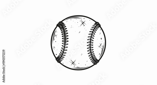 A black and white sketch of a baseball on a plain background