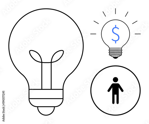 Innovation, creativity, finance, ideas, business growth, strategy. Three minimalistic elements a lightbulb, a dollar sign in a bulb and a human figure. Creativity and finance concepts