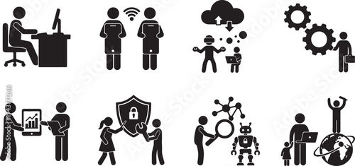 Black silhouettes of business people and technology icons