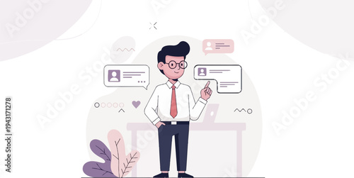 A cheerful person wearing glasses and a tie, interacting with digital messages