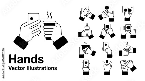 A collection of black and white line art illustrations depicting diverse hand gestures interacting with smartphones and beverages high quality professional detailed modern elegant stylish clean