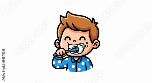 A cheerful cartoon boy with brown hair brushes his teeth with a blue toothbrush