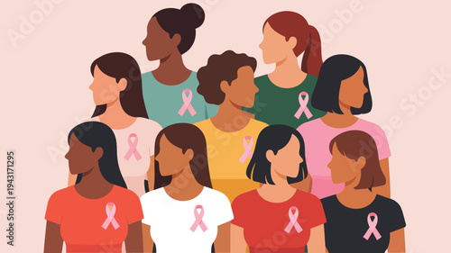 A diverse group of women stand united wearing pink ribbons for breast cancer awareness