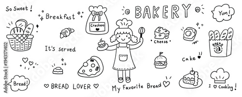 Hand drawn Female chef holding cake surrounded by variety of bread pastries and dessert items for bakery shop menu or cooking theme vector design.