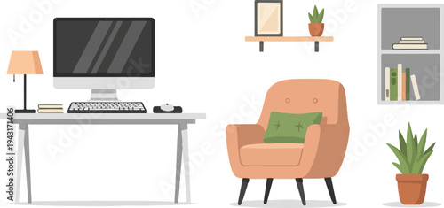 A cozy home office setup with a desk, armchair, and bookshelf