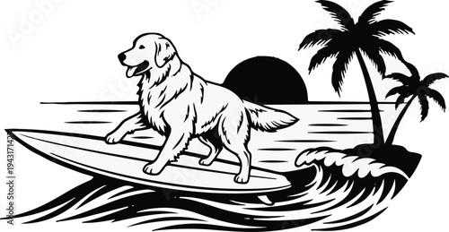 A golden retriever surfs a wave near a tropical island with palm trees at sunset