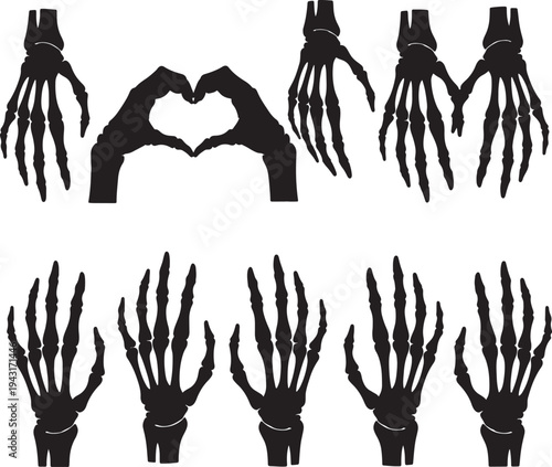 Black skeleton hands forming heart shape and various positions also transparent background bones