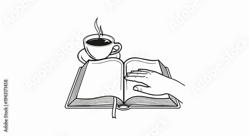 A hand rests on an open book next to a steaming cup of coffee