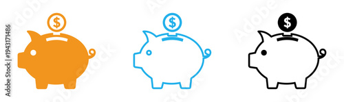 Piggy bank icons in different colors with dollar coins