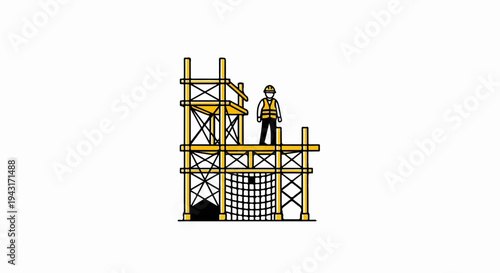 A construction worker in safety gear stands on a scaffolding structure