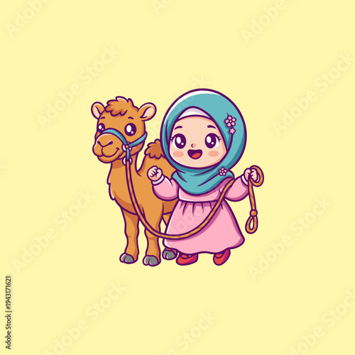 Girl in Hijab With Camel Eid Adha