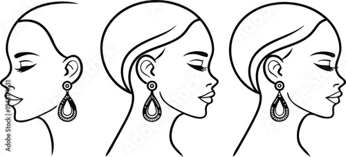  Delicate line art profiles of women showcasing graceful beauty and exquisite earring detail.