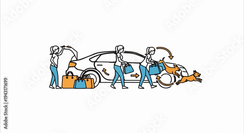 Woman loading car, two dogs jumping out, luggage bags nearby