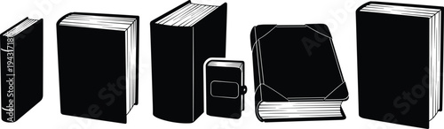 Book silhouettes, literature icons, education graphics, library collection, reading symbols, study materials, knowledge, learning, academic resources, vintage design, classic style, journal