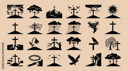 Collection of various cross symbols on hilltops with different weather conditions and natural elements  religious and symbolic illustrations