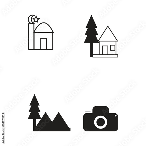 Minimalist Black and White Travel Icon Set featuring Mosque.