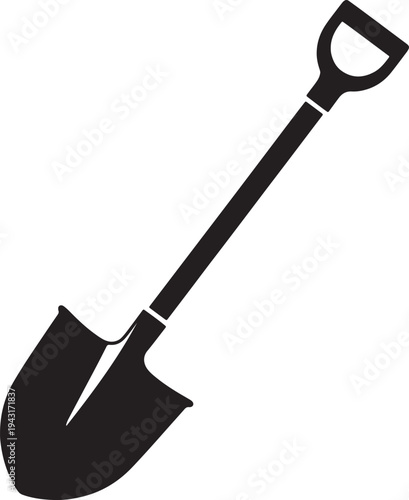 Silhouette of a black shovel with a d-handle on white background also transparent background