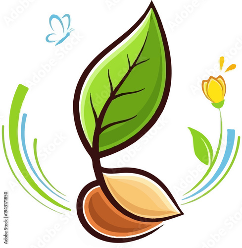 Stylized sprout emerging from seed with butterfly and flower