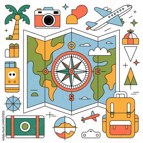 Travel vector illustration with map, compass, and various travel icons