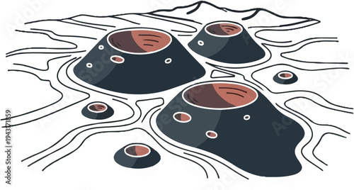 Stylized illustration of multiple volcanoes in a line, with winding paths