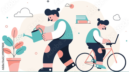 Stylized people watering plant, cycling with laptop on pink bike