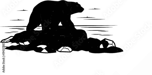 A black bear stands on a rocky outcrop with stylized horizontal lines in background