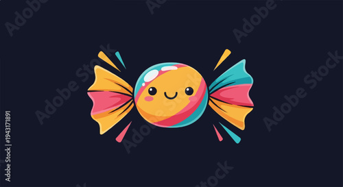 A colorful, smiling candy character with striped wrappers against a dark background