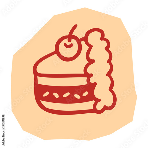 Slice of layered cake with whipped cream and cherry in simple hand drawn style for scrapbook and journal. Vector illustration design.