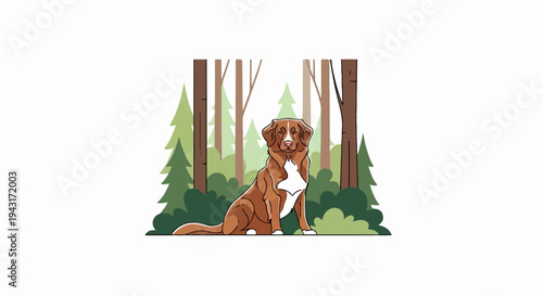 A brown dog sits in a forest of green trees and brown trunks