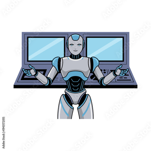 A robot illustration standing in front of a computer workstation