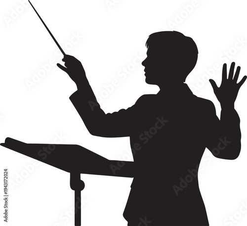 Silhouette of a conductor holding a baton while gesturing with one hand also transparent background gesture