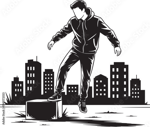 Young man doing parkour jump over a block in urban cityscape silhouette background vector