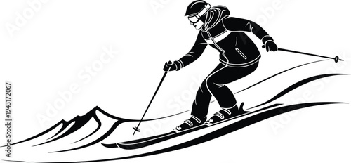 A skier elegantly carves down a snowy mountain slope, capturing the essence of winter sports.