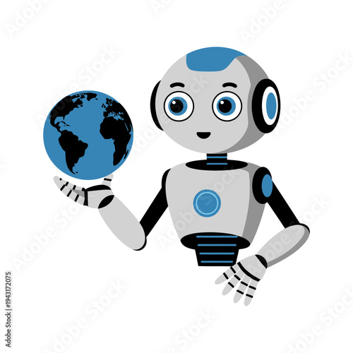 A robot holding a blue globe in its hand with a smile