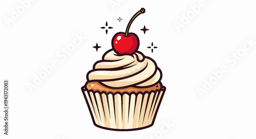 A cheerful cupcake with creamy icing topped with a bright red cherry and sparkles