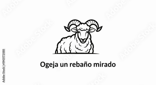 A black and white stylized illustration of a ram with large curled horns