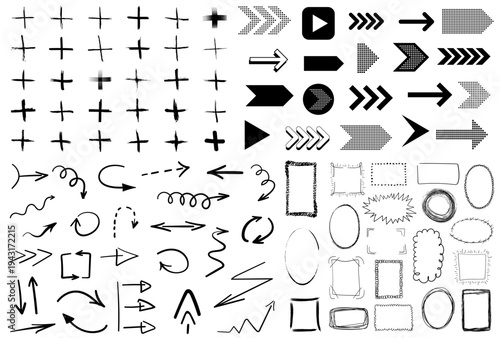 Collection of black hand drawn arrows, frames and plus symbols isolated on transparent background. Simple, grunge, sketch, modern style. Vector PNG