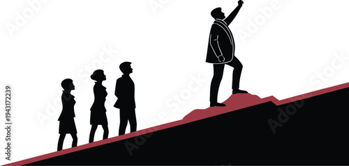  A leader stands atop a red peak, silhouetted against the backdrop, inspiring the team to climb up a dark mountain to pursue their aim.