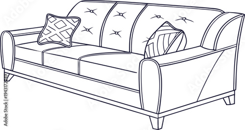 A sleek, modern sofa design, presented in a clean, minimalist line drawing, highlighting comfort and style. 