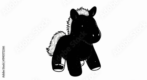 A black plush toy horse with a white mane and tail on a white background