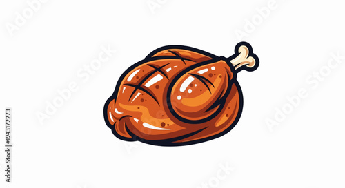 A cartoon-style image of a golden-brown roasted chicken with a prominent bone