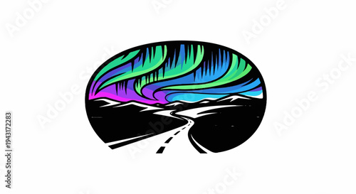 A circular graphic of a road winding through a dark landscape under colorful aurora borealis