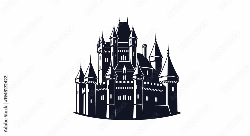 Obraz premium Stylized dark silhouette of a grand, multi-turreted castle against a white background