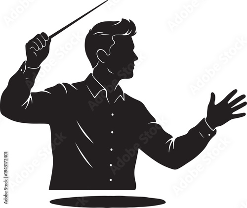 Silhouette of a man conducting an orchestra with a baton in one hand and gesturing with the other also transparent background