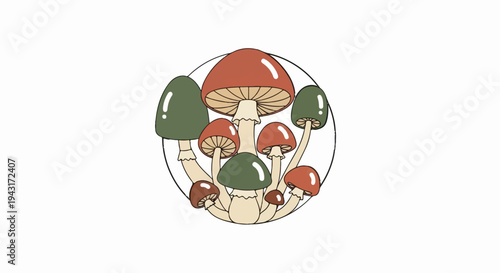 A group of colorful mushrooms are arranged in a circular pattern